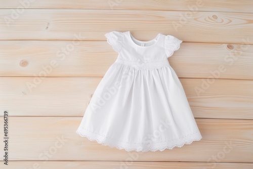 White baby dress on a wooden background. Template, mockup, flat lay. Kid, child clothes. Kids fashion
