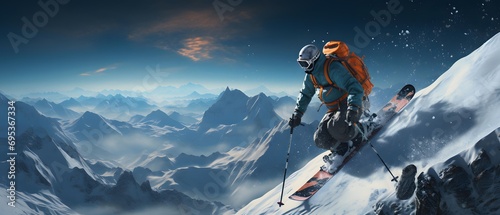 Snowboarder jumping in the mountains at sunset. 3d illustration