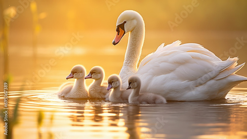 swan and family at sunset