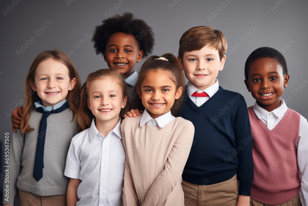 A group of multinational children are being at school lesson. Group of schoolchildren and teacher standing together, celebrate successful completion of collective school work and raising A group of multinational children are being at school lesson. Group of schoolchildren and teacher standing together, celebrate successful completion of collective school work and raising