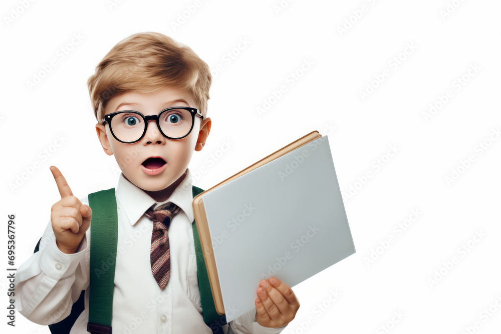 Smiling child boy pointing his index finger at something on white background Success, creative and innovation concept. eureka, handsome little boy in glasses is surprised Smiling child boy pointing his index finger at something on white background Success, creative and innovation concept. eureka, handsome little boy in glasses is surprised