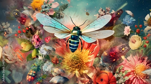 Colorful floral background with colorful flowers and a bee. Digital painting.