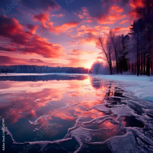 Beautiful winter landscape with frozen lake and forest at sunset. Panorama. © Iman