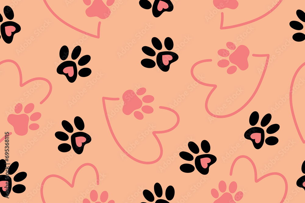Fototapeta premium Seamless drawing of a pet's paw in the heart. A trace of a pet. The concept of love.