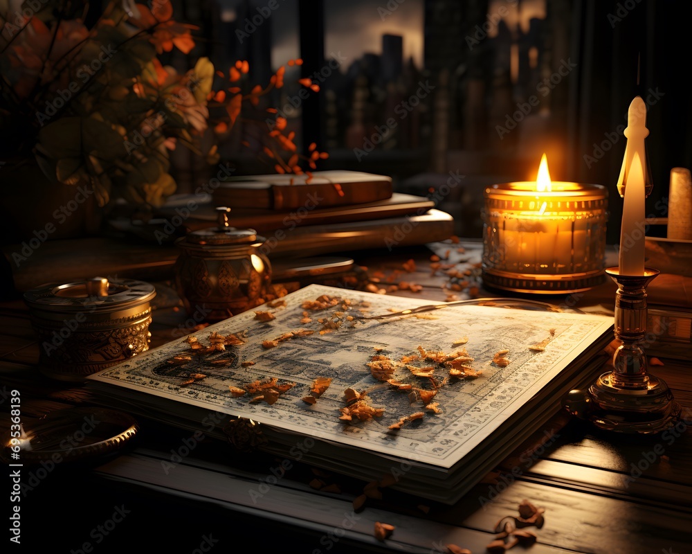Old books, candlesticks and candles on a dark background.