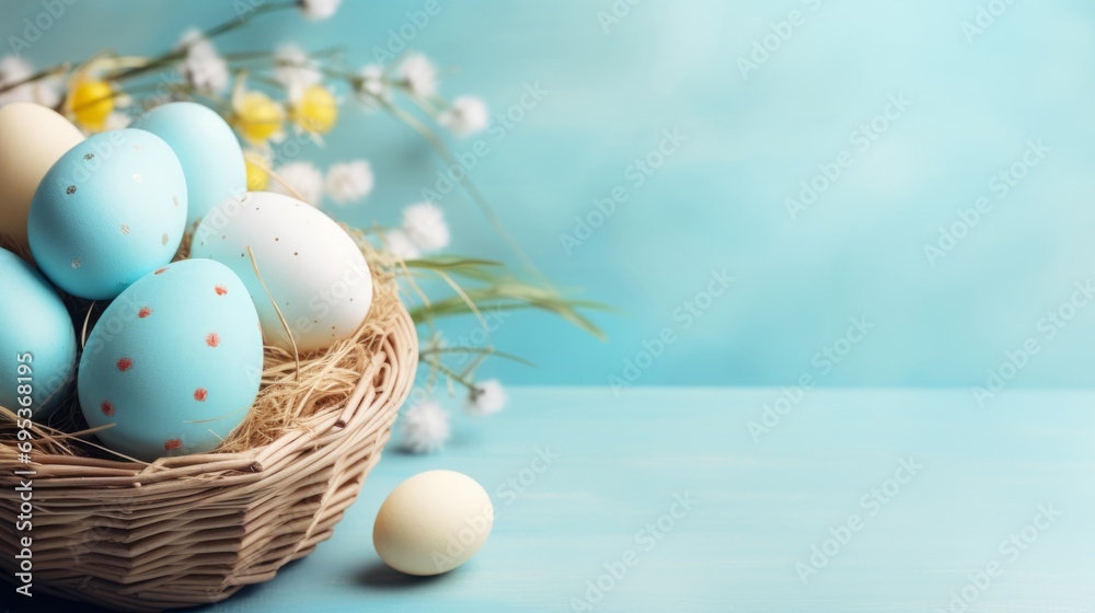 Easter holiday celebration banner greeting card with pastel painted eggs in basket on bright blue backround tabel texture