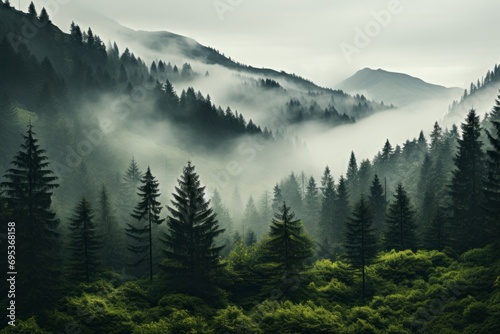 Mystical forest with thick clouds of mist among the trees, Generative AI