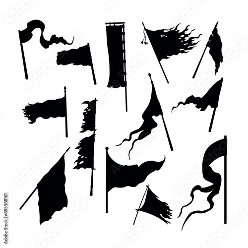 Medieval flag black silhouettes. Isolated templates of battle banners. Icon of victory symbol. Army heraldic emblem