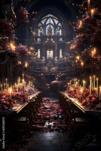 3D rendering of a gothic church interior with christmas decorations
