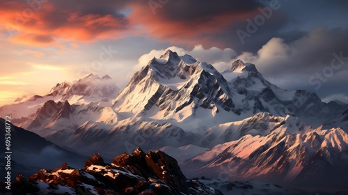Panoramic view of snow-capped mountains at sunset.