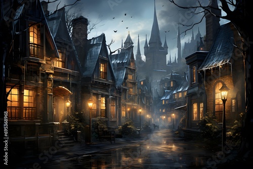 Old european city at night with fog, 3d illustration