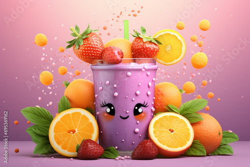 Fresh smoothies and sparkling drinks design with cute doodle decoration. Fruit refreshment and soft drinks in glasses. 3D illustration blended smoothie