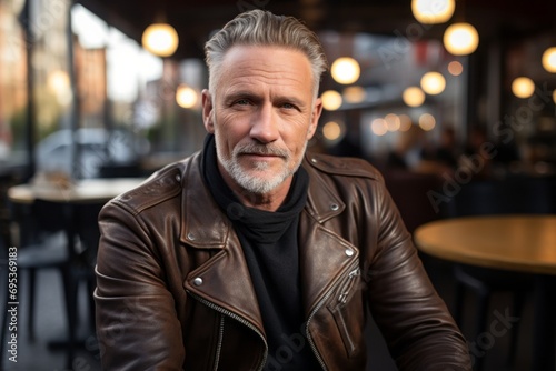 Portrait of a tender man in his 50s sporting a classic leather jacket against a bustling city cafe. AI Generation
