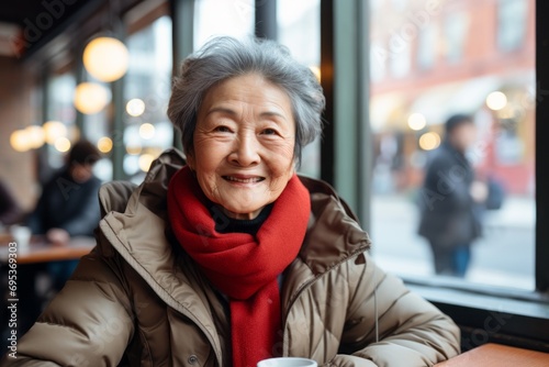 Portrait of a happy asian woman in her 80s wearing a windproof softshell against a bustling city cafe. AI Generation photo