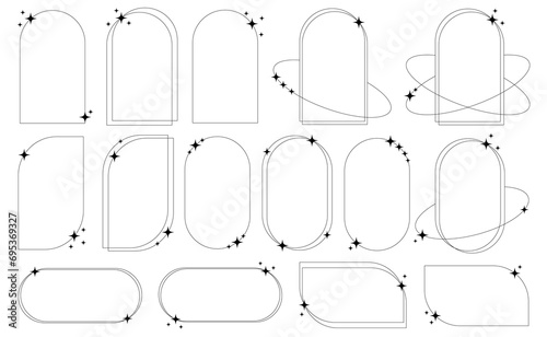 Set of geometric aesthetic abstract line frames and shapes with stars boho, brutalism, Y2K style. Geometric elements with sparkles for template design social media, poster, banner, logo, stickers