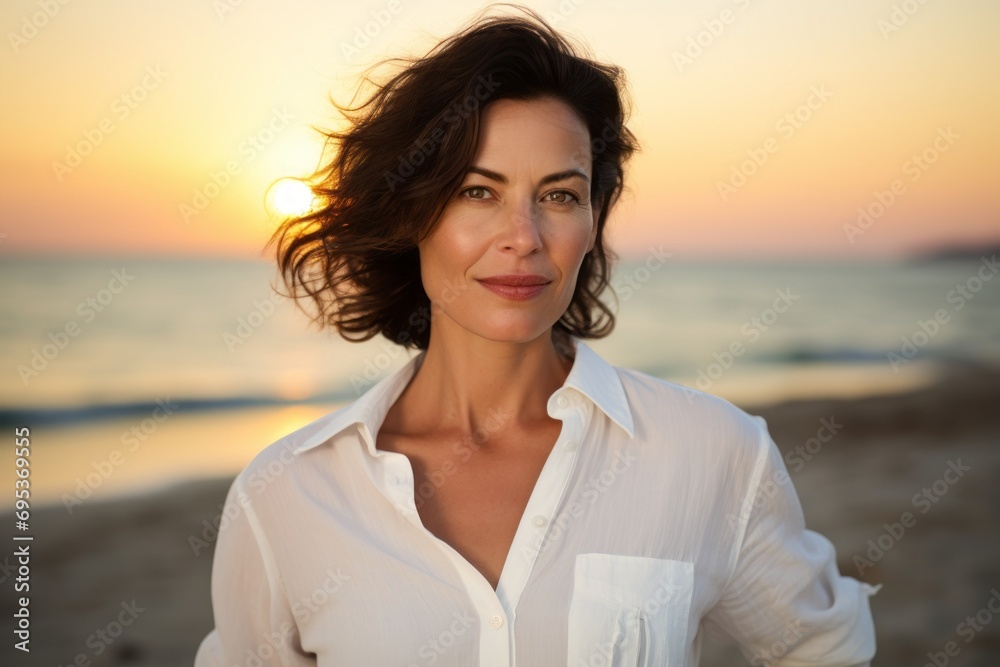 Portrait of a glad woman in her 40s wearing a classic white shirt against a beautiful beach sunset. AI Generation