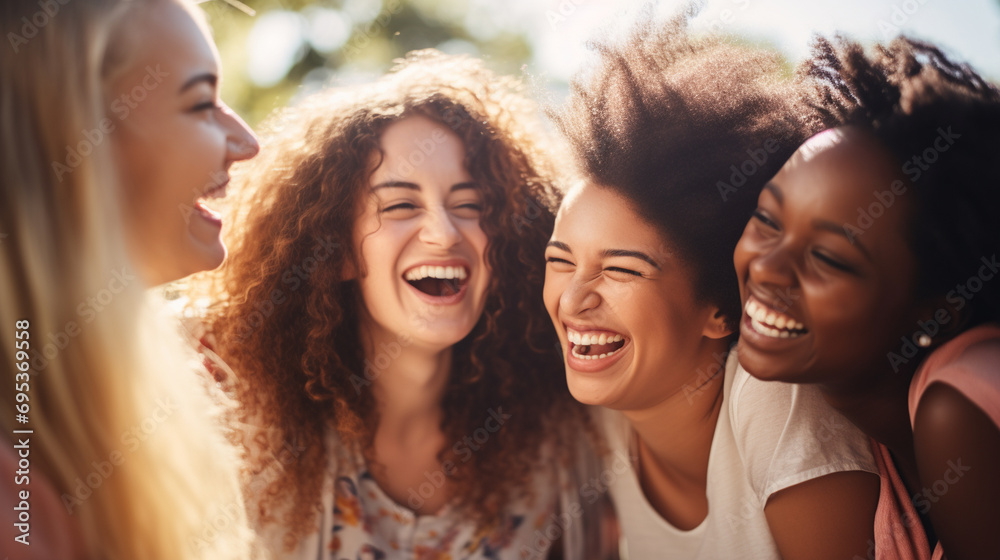 Fototapeta premium A group of young women laughing together, symbolizing joy and sisterhood, Feminism, Women day, blurred background, with copy space