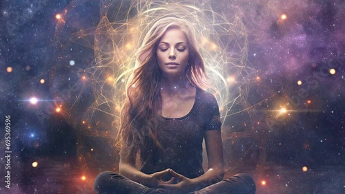 Esoteric spiritual meditation concept, beautiful relaxed woman meditating photo
