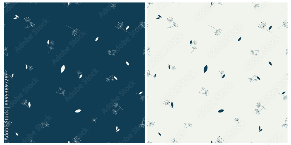 Naklejka premium Abstarct dandelion repeat pattern background. Dandelion seed silhouette seamless pattern for print on dark and white backfround. For textile, paper wrap, wallpaper and etc. 