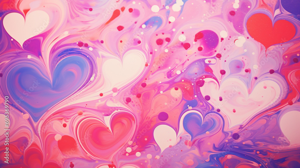 A blend of vintage Valentine's cards and trippy, swirling paint patterns, Psychadelic collage, Valentines Day, retro, blurred background, with copy space