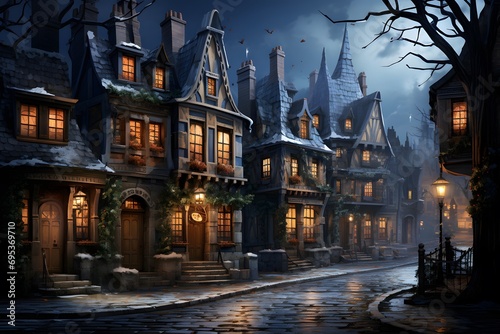 Halloween background with old town houses in the fog and moonlight