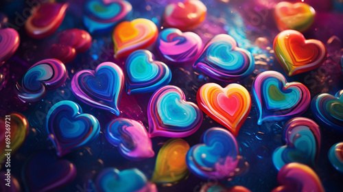 An arrangement of retro candy hearts amid swirling tie-dye patterns, Psychadelic collage, Valentines Day, retro, blurred background, with copy space