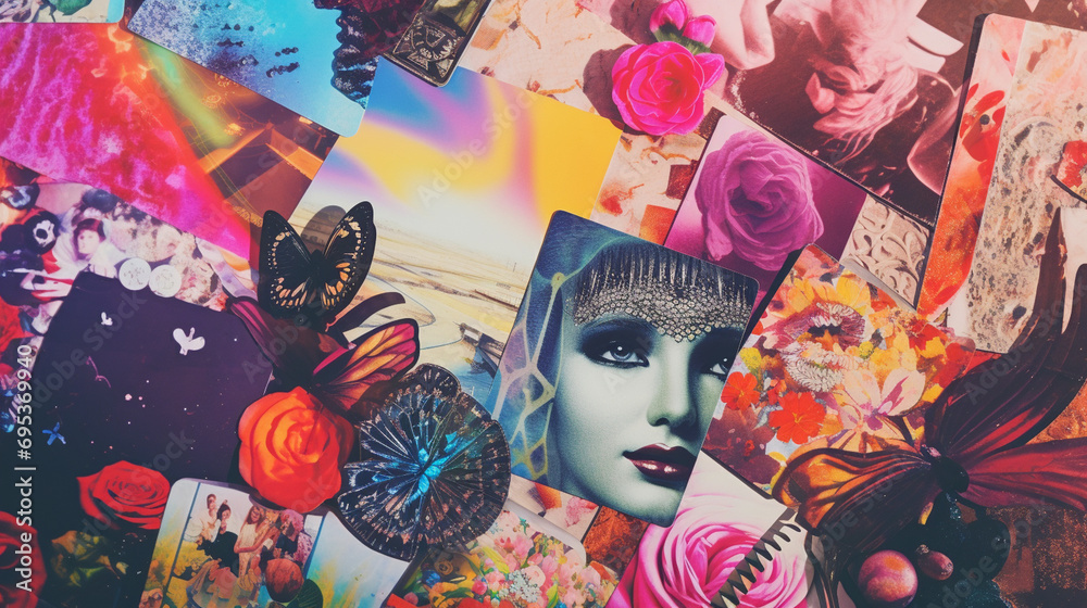 A collage of vintage romantic postcards set against a backdrop of psychedelic patterns, Psychadelic collage, Valentines Day, retro, blurred background, with copy space