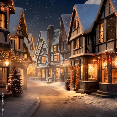 Winter night in european town. Christmas and New Year concept.