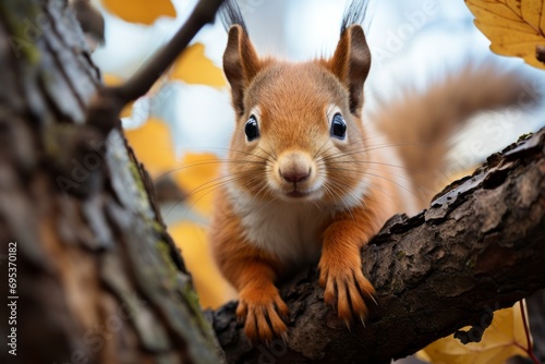 Playful squirrel perched on a tree branch, Generative AI © Shooting Star Std