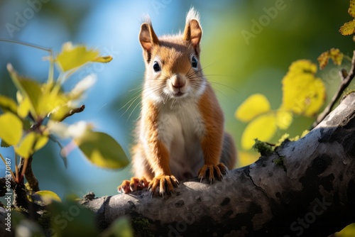 Playful squirrel perched on a tree branch, Generative AI © Shooting Star Std