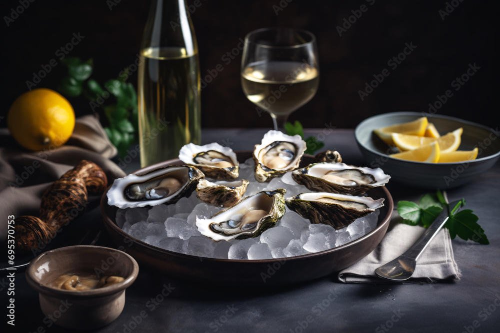 Opened oysters and lemon with white wine on a table