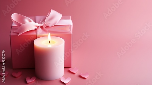 Candle-lit pink giftbox bow valentine day banner background copy space