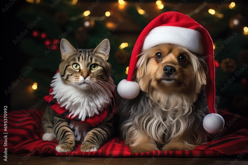 Cat and Dog wearing santa hat, dressing like santa claus, christmas pet celebration
