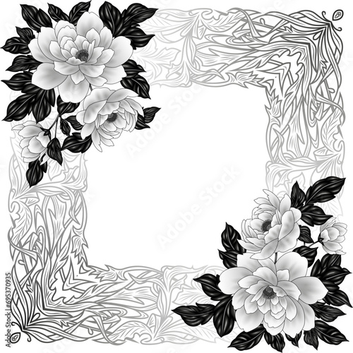 Floral card template with monochrome peony flowers and ornamental frame. Elegant background for invitation card, save the date, greeting, poster, cover and web design
