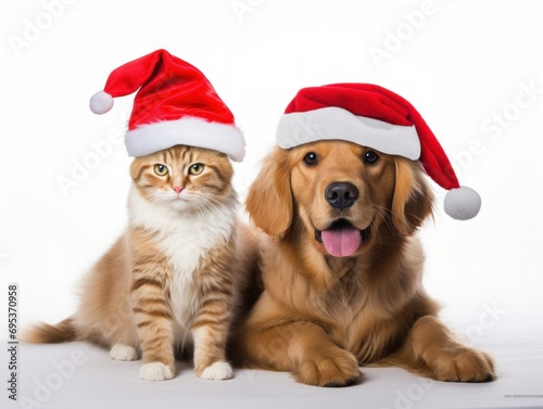 Cat and Dog wearing santa hat, dressing like santa claus, christmas pet celebration © nishihata