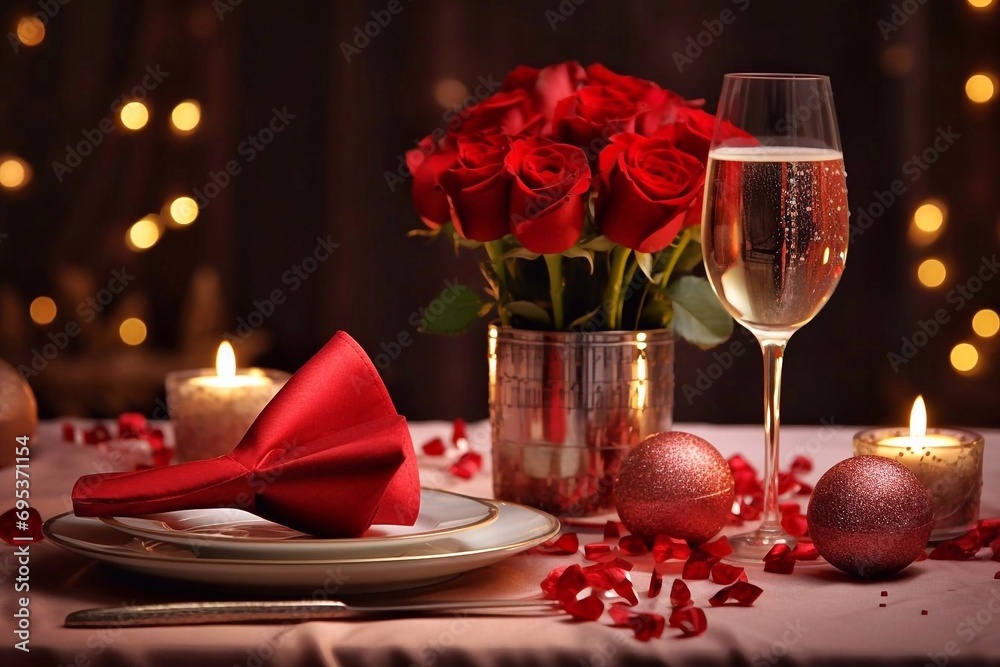 Valentine's day table setting with red roses, candles and champagne Valentine's day table setting with red roses, candles and champagne