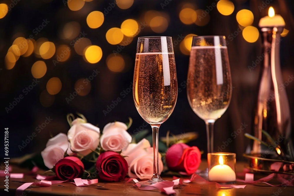 Two glasses of champagne and roses with a candle on the table on a bokeh background Two glasses of champagne and roses with a candle on the table on a bokeh background