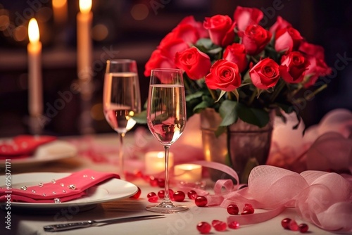 Valentine's day table setting with red roses and champagne glasses