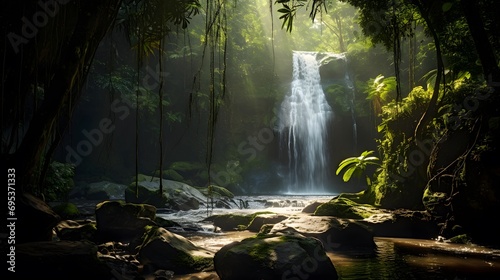 Panoramic view of a small waterfall in a tropical rainforest