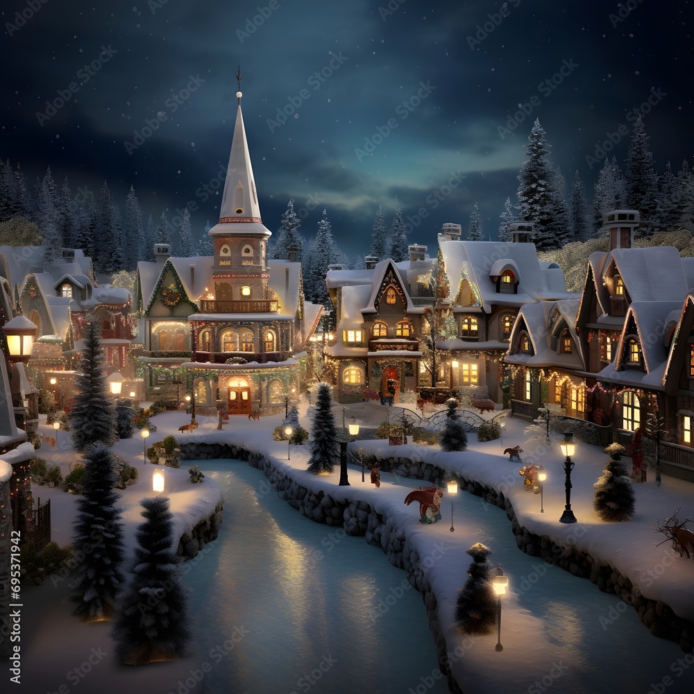 Christmas village at night with snow and fir trees. 3d rendering