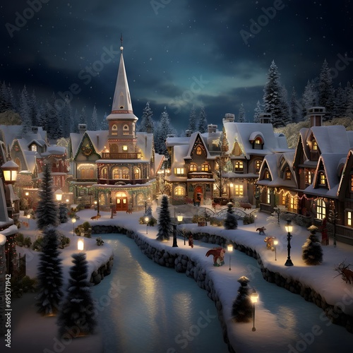 Christmas village at night with snow and fir trees. 3d rendering