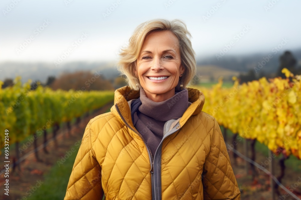 Portrait of a smiling woman in her 50s sporting a quilted insulated jacket against a backdrop of rolling vineyards. AI Generation