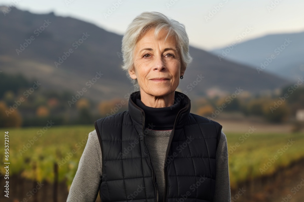 Portrait of a tender woman in her 60s dressed in a thermal insulation vest against a backdrop of rolling vineyards. AI Generation Portrait of a tender woman in her 60s dressed in a thermal insulation vest against a backdrop of rolling vineyards. AI Generation