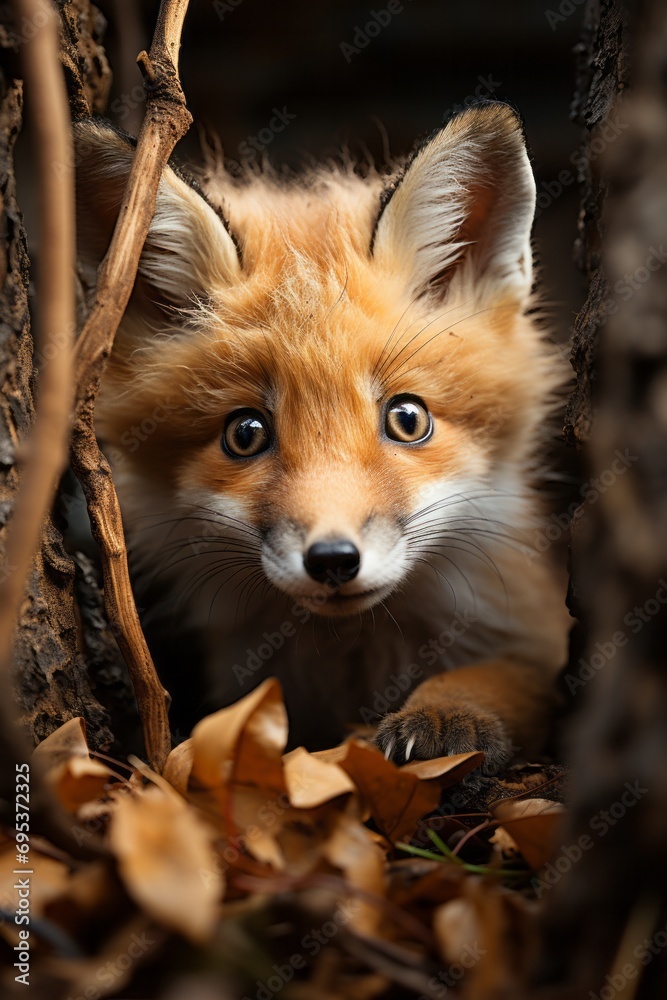Fototapeta premium Red fox peeking out from behind tree roots, Generative AI