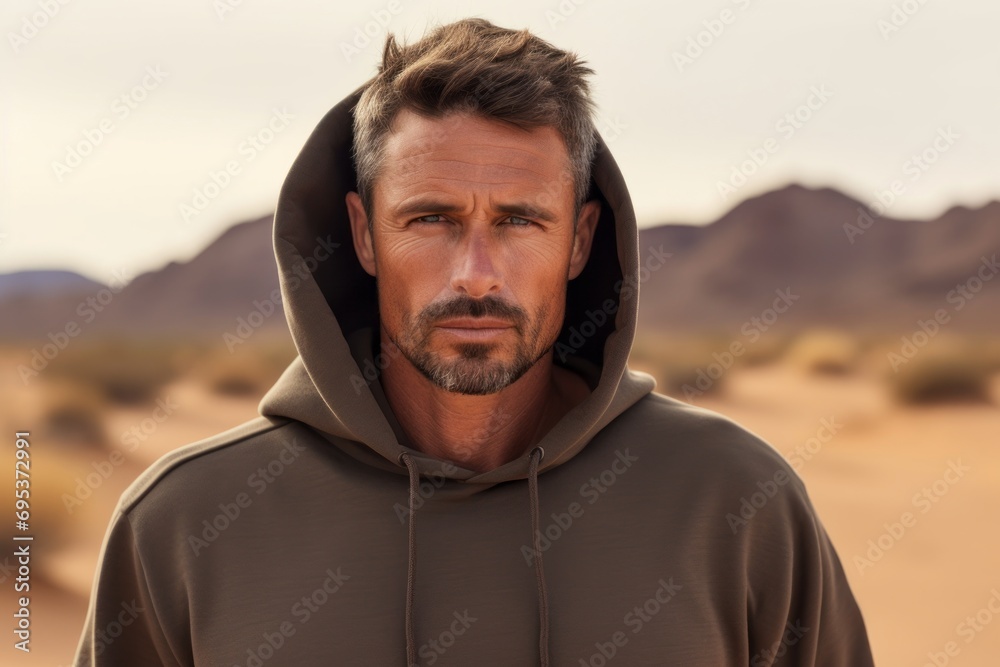 Portrait of a merry man in his 40s sporting a comfortable hoodie against a backdrop of desert dunes. AI Generation Portrait of a merry man in his 40s sporting a comfortable hoodie against a backdrop of desert dunes. AI Generation