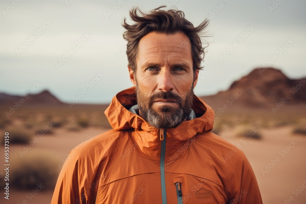 Portrait of a content man in his 40s wearing a functional windbreaker against a backdrop of desert dunes. AI Generation Portrait of a content man in his 40s wearing a functional windbreaker against a backdrop of desert dunes. AI Generation
