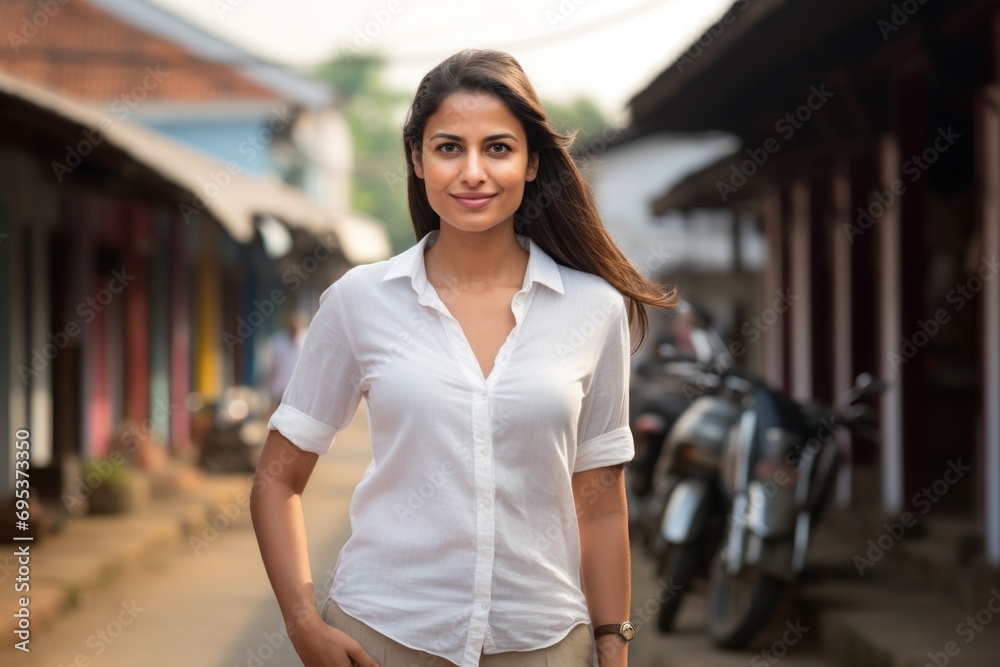 Portrait of a blissful indian woman in her 30s wearing a simple cotton shirt against a charming small town main street. AI Generation