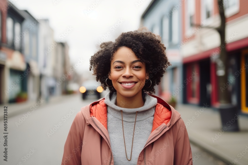 Portrait of a content afro-american woman in her 30s sporting a stylish varsity jacket against a charming small town main street. AI Generation