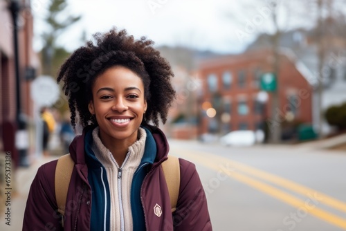 Portrait of a content afro-american woman in her 30s sporting a stylish varsity jacket against a charming small town main street. AI Generation
