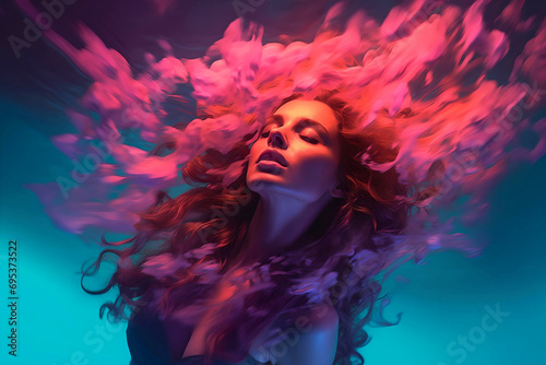 A woman under water with red light around, in the style of psychedelic portraiture, colorful turbulence, photorealistic compositions, light teal and pink, dynamic outdoor shots photo